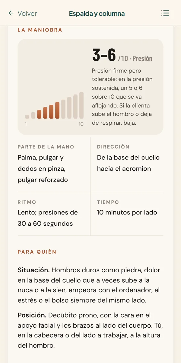 Escala de presión, parte de la mano, dirección, ritmo y tiempo de una maniobra