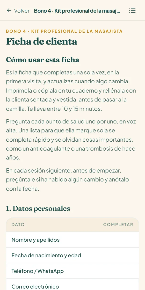 Ficha de clienta del kit profesional